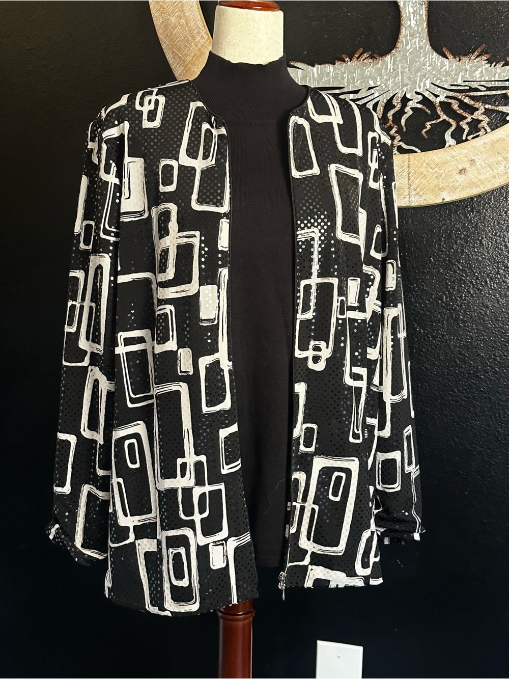 black and white geometric print TanJay open-front jacket
